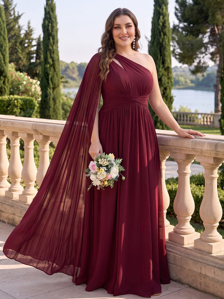 A-Line/Princess One-Shoulder Sleeveless Chiffon Floor-Length Plus Size Bridesmaid Dresses with Cape
