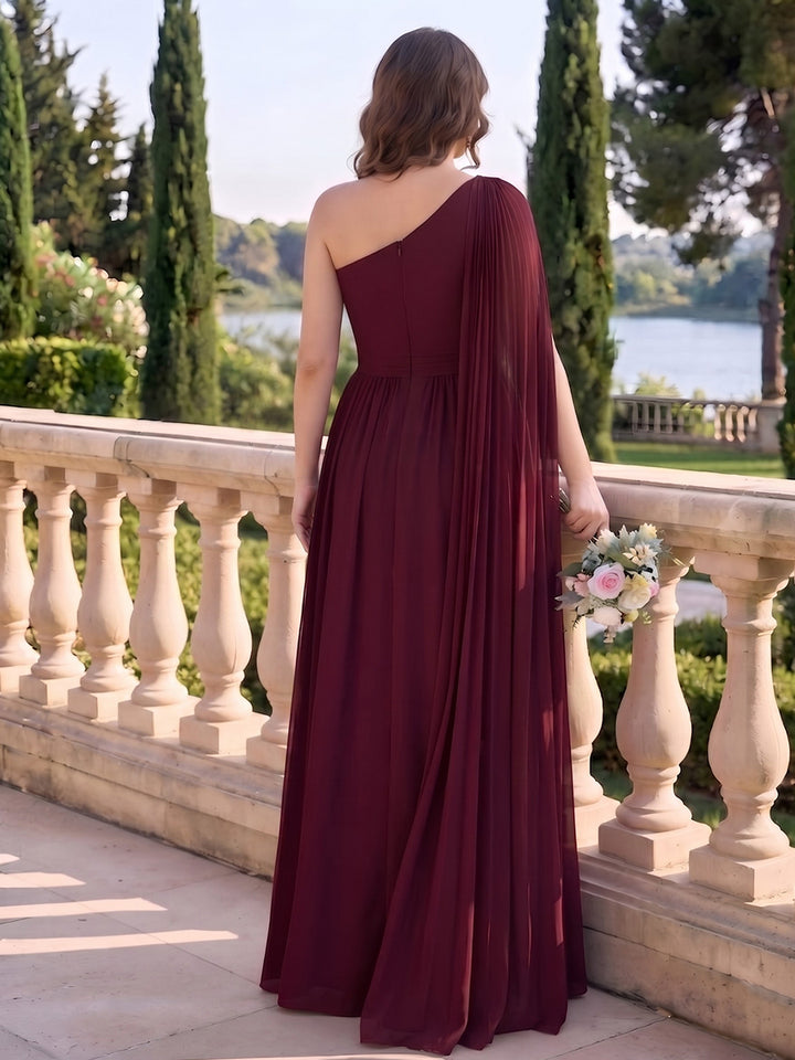 A-Line/Princess One-Shoulder Sleeveless Chiffon Floor-Length Plus Size Bridesmaid Dresses with Cape