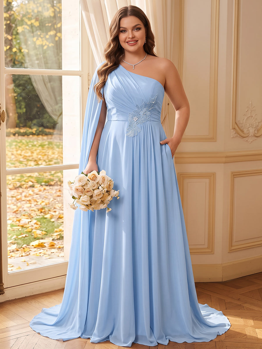 A-Line/Princess One-Shoulder Sleeveless Chiffon Floor-Length Plus Size Bridesmaid Dresses with Cape &amp; Applique