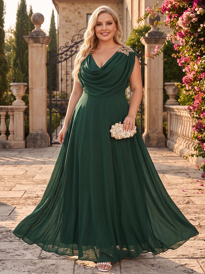 A-Line/Princess Cowl Neck Sleeveless Chiffon Floor-Length Plus Size Bridesmaid Dresses with Applique