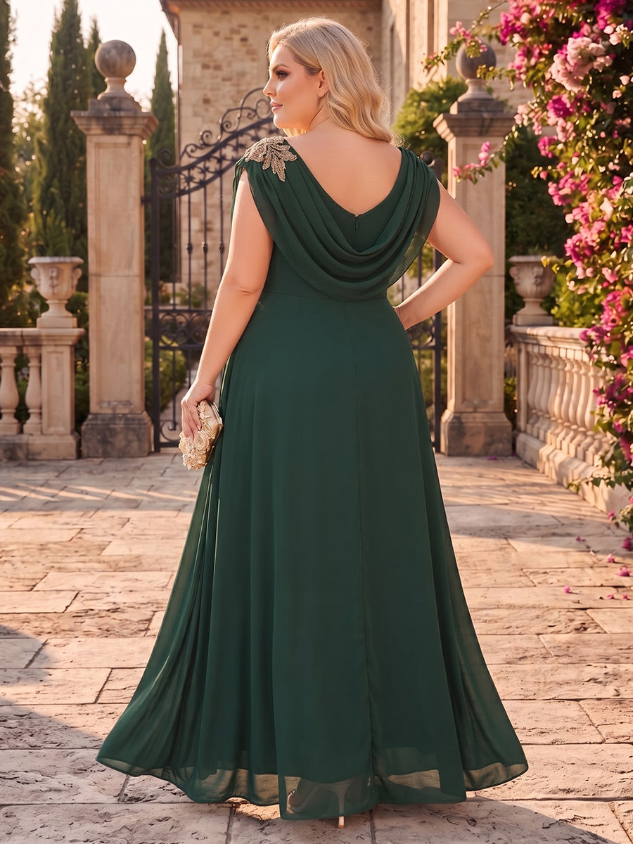 A-Line/Princess Cowl Neck Sleeveless Chiffon Floor-Length Plus Size Bridesmaid Dresses with Applique