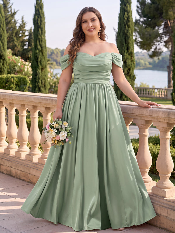 A-Line/Princess Off-the-Shoulder Sleeveless Silk Satin Floor-Length Plus Size Bridesmaid Dresses with Pleats