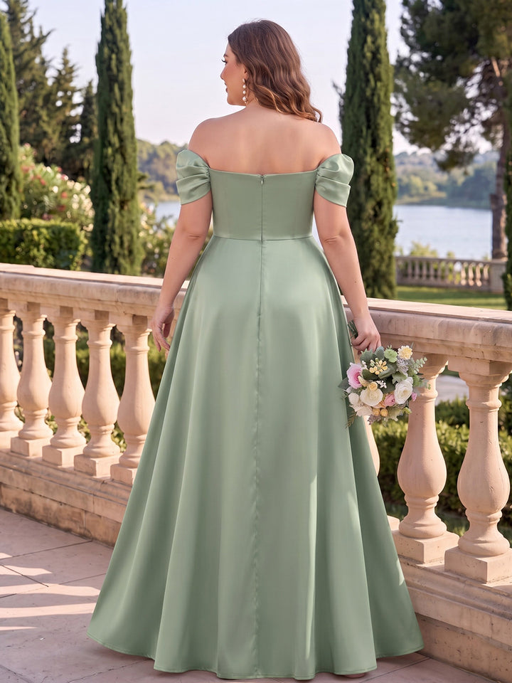 A-Line/Princess Off-the-Shoulder Sleeveless Silk Satin Floor-Length Plus Size Bridesmaid Dresses with Pleats