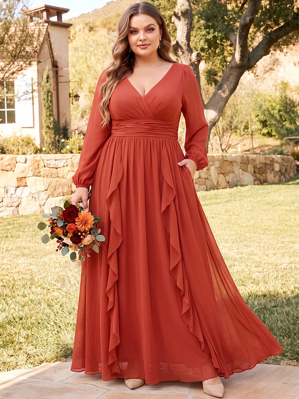 A-Line/Princess V-Neck Long Sleeves Chiffon Floor-Length Plus Size Bridesmaid Dresses with Ruffles