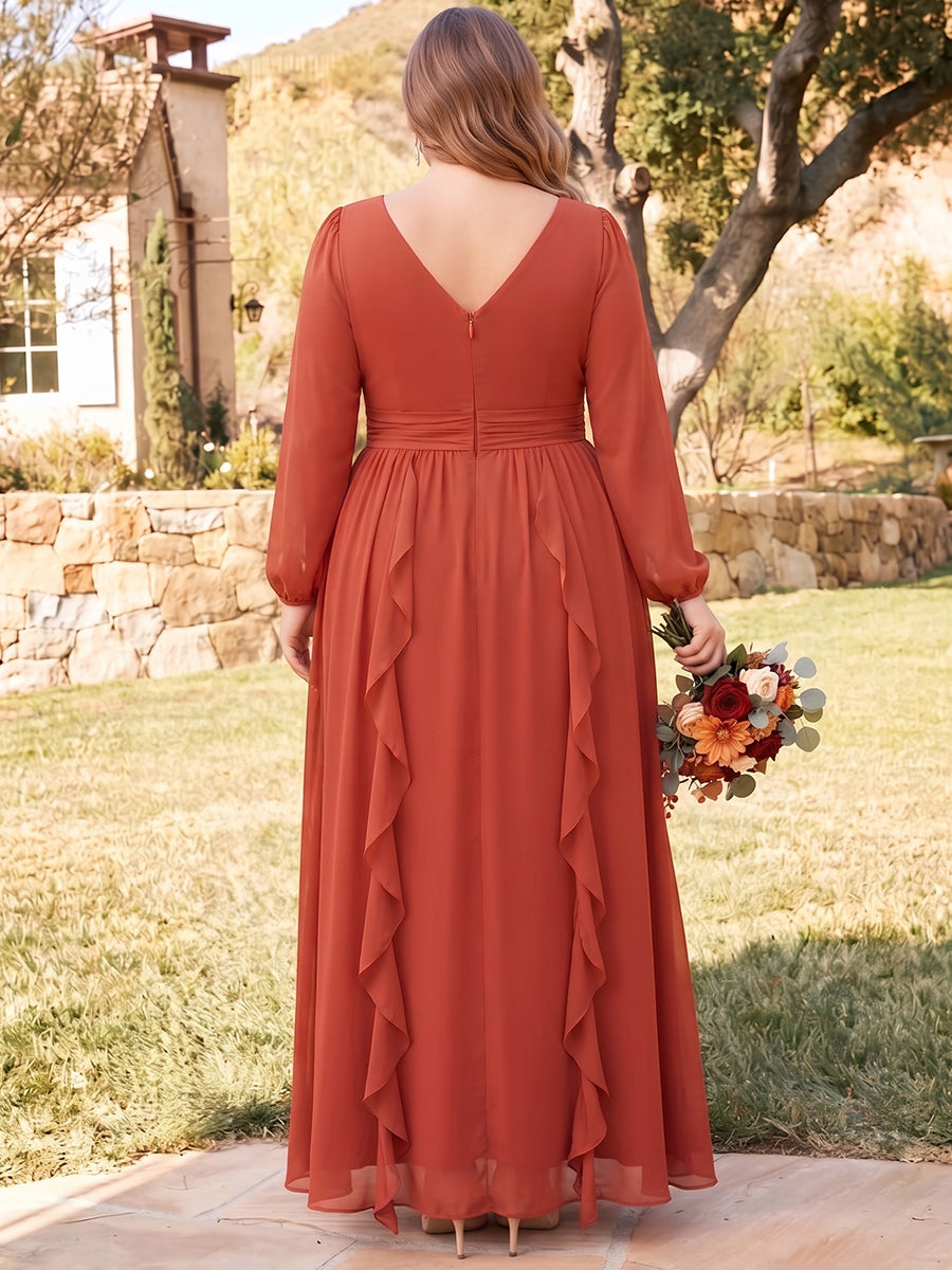 A-Line/Princess V-Neck Long Sleeves Chiffon Floor-Length Plus Size Bridesmaid Dresses with Ruffles