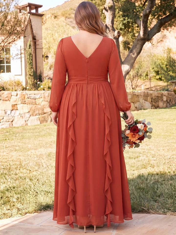 A-Line/Princess V-Neck Long Sleeves Chiffon Floor-Length Plus Size Bridesmaid Dresses with Ruffles