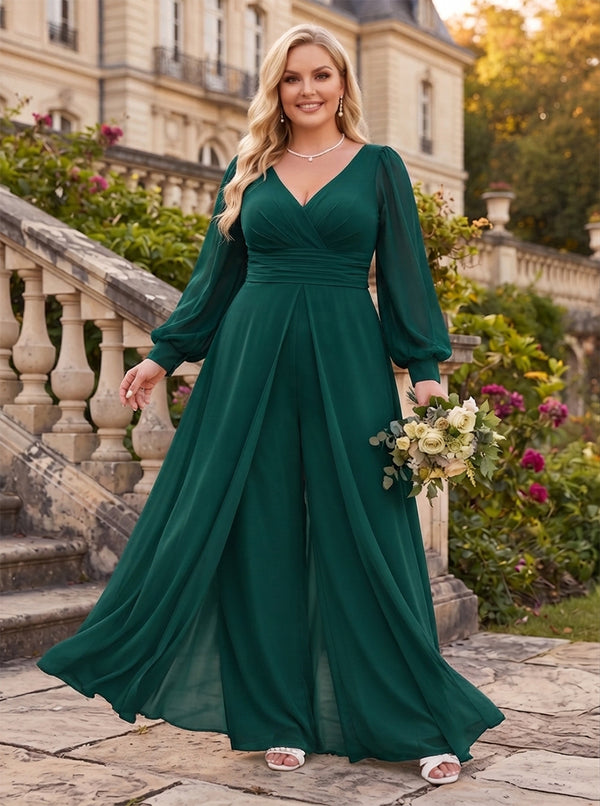 Jumpsuits V-Neck Long Sleeves Chiffon Floor-Length Plus Size Bridesmaid Dresses with Ruched