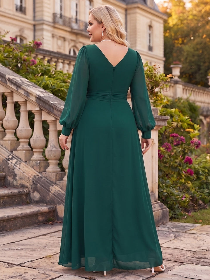 Jumpsuits V-Neck Long Sleeves Chiffon Floor-Length Plus Size Bridesmaid Dresses with Ruched