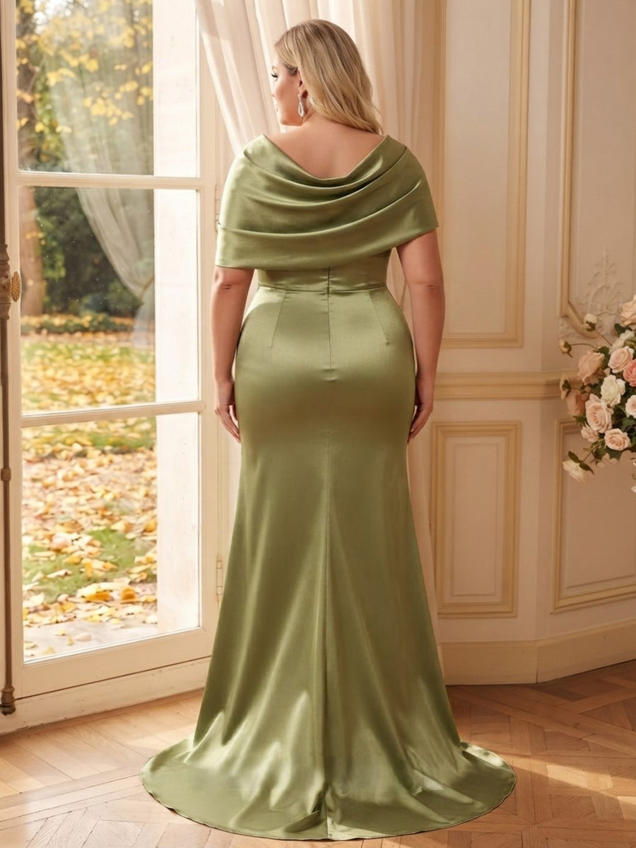 Trumpet/Mermaid Off-the-Shoulder Cap Sleeves Silk Satin Floor-Length Plus Size Bridesmaid Dresses with Ruched &amp; Split Side