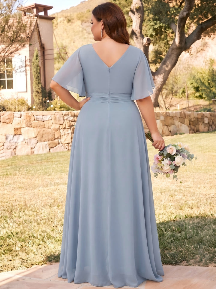 Sheath/Column V-Neck Short Sleeves Chiffon Floor-Length Plus Size Bridesmaid Dresses with Pleats
