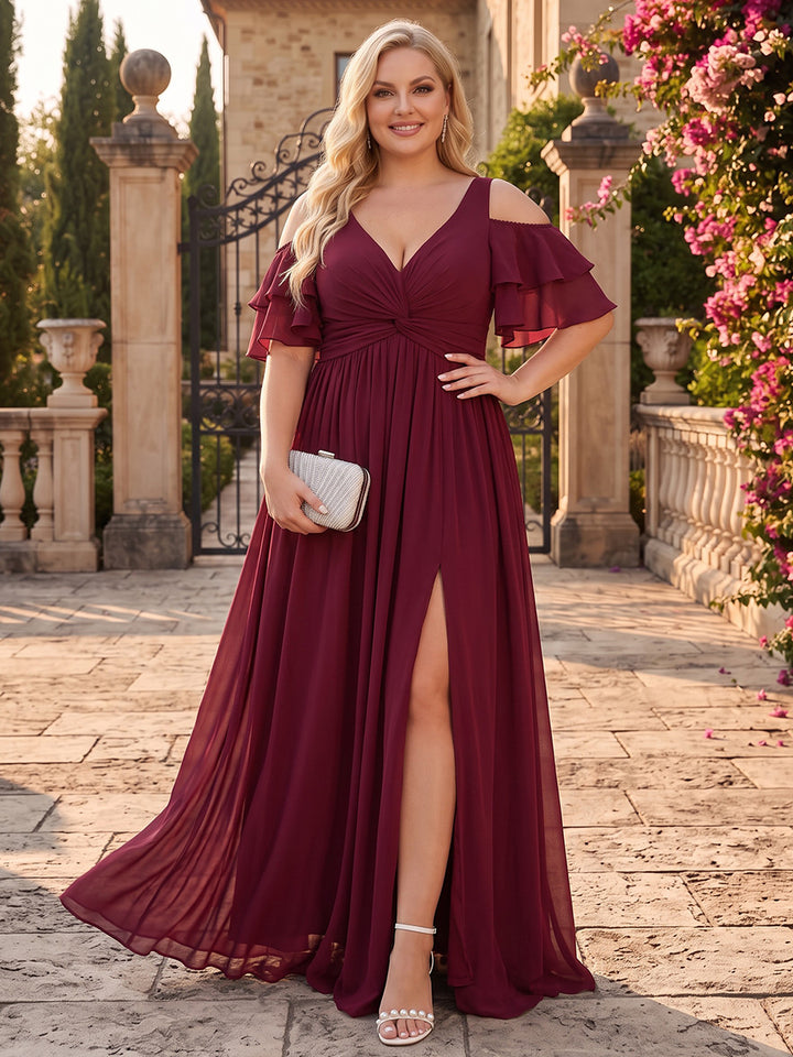 A-Line/Princess V-Neck Short Sleeves Chiffon Floor-Length Plus Size Bridesmaid Dresses with Split Side &amp; Ruched
