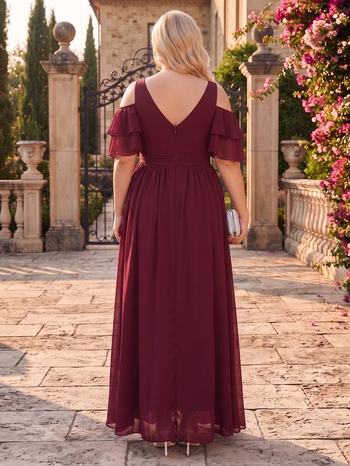 A-Line/Princess V-Neck Short Sleeves Chiffon Floor-Length Plus Size Bridesmaid Dresses with Split Side &amp; Ruched