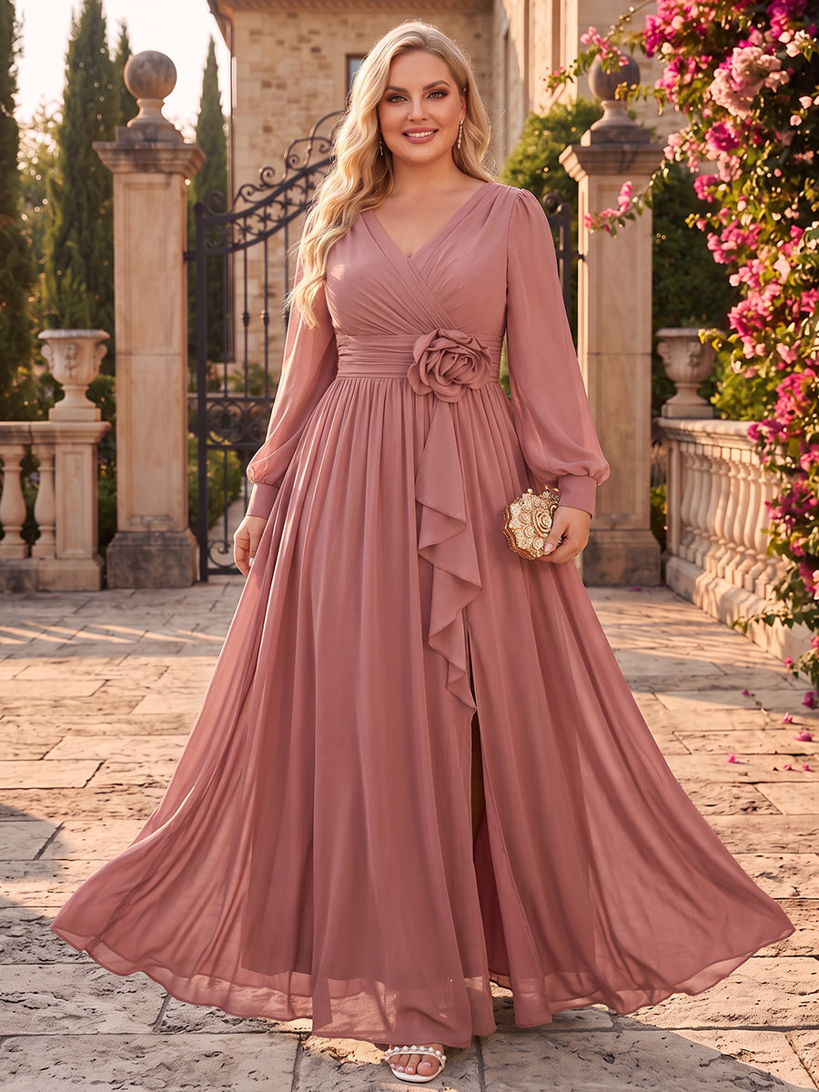 A-Line/Princess V-Neck Long Sleeves Chiffon Floor-Length Plus Size Bridesmaid Dresses with 3D Flower &amp; Ruffles
