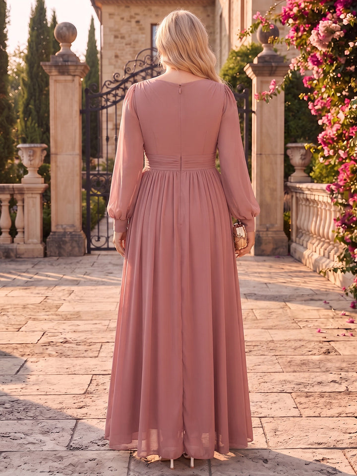 A-Line/Princess V-Neck Long Sleeves Chiffon Floor-Length Plus Size Bridesmaid Dresses with 3D Flower &amp; Ruffles