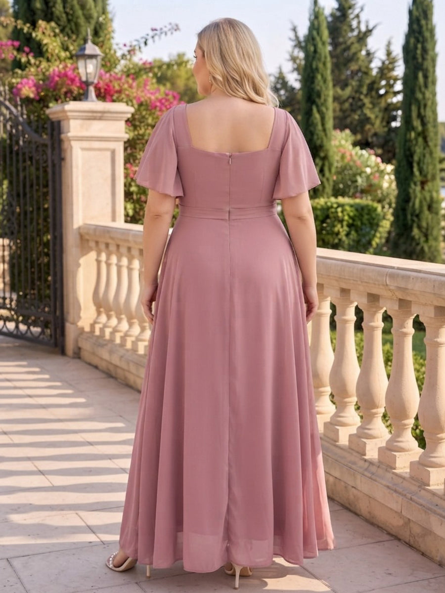 A-Line/Princess Cowl Neck Short Sleeves Chiffon Floor-Length Plus Size Bridesmaid Dresses with Pleats &amp; Split Side