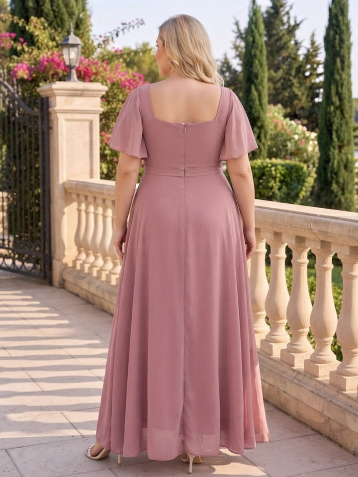 A-Line/Princess Cowl Neck Short Sleeves Chiffon Floor-Length Plus Size Bridesmaid Dresses with Pleats &amp; Split Side