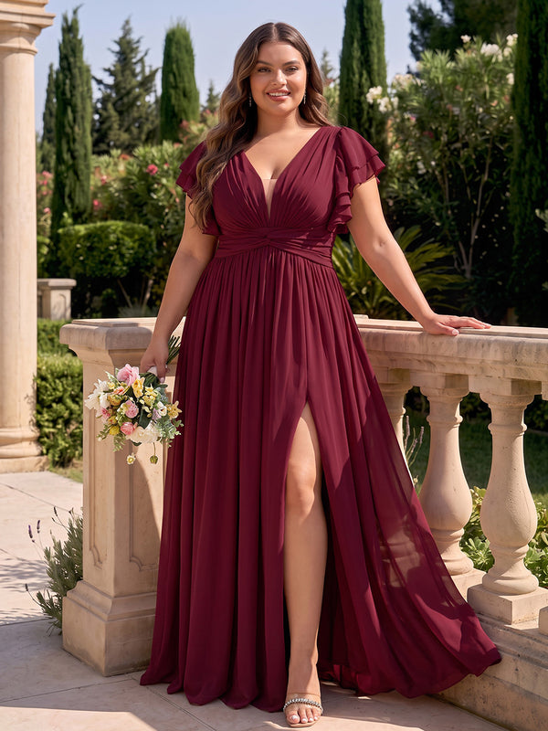 A-Line/Princess V-Neck Short Sleeves Chiffon Floor-Length Plus Size Bridesmaid Dresses with Pleats & Split Side