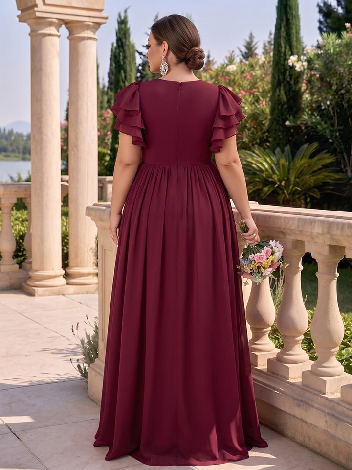A-Line/Princess V-Neck Short Sleeves Chiffon Floor-Length Plus Size Bridesmaid Dresses with Pleats &amp; Split Side