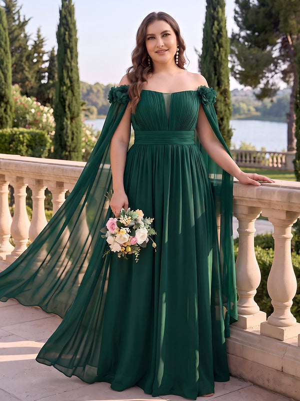 A-Line/Princess Off-the-Shoulder Sleeveless Chiffon Floor-Length Plus Size Bridesmaid Dresses with Cape & 3D Flowers