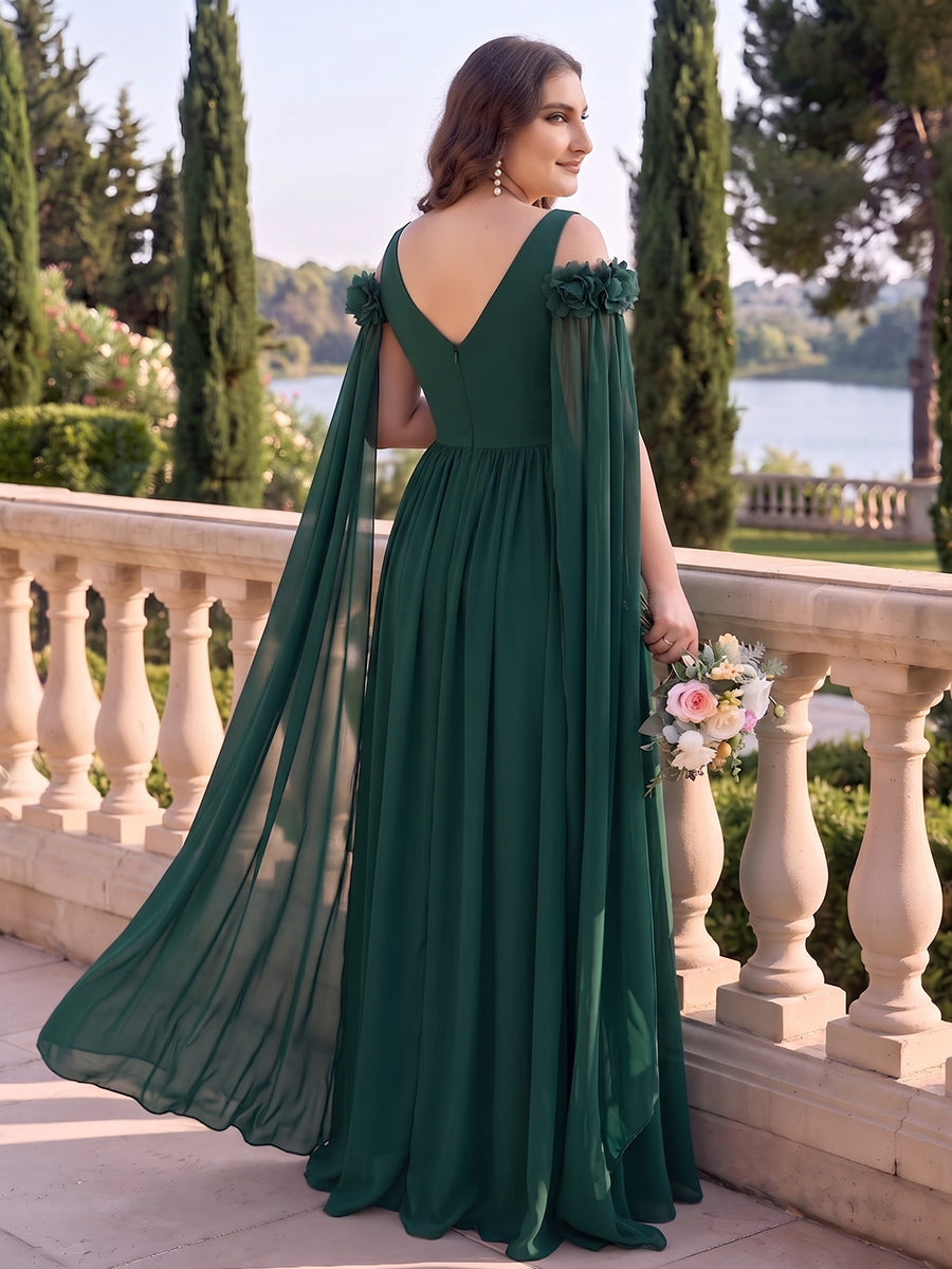 A-Line/Princess Off-the-Shoulder Sleeveless Chiffon Floor-Length Plus Size Bridesmaid Dresses with Cape &amp; 3D Flowers