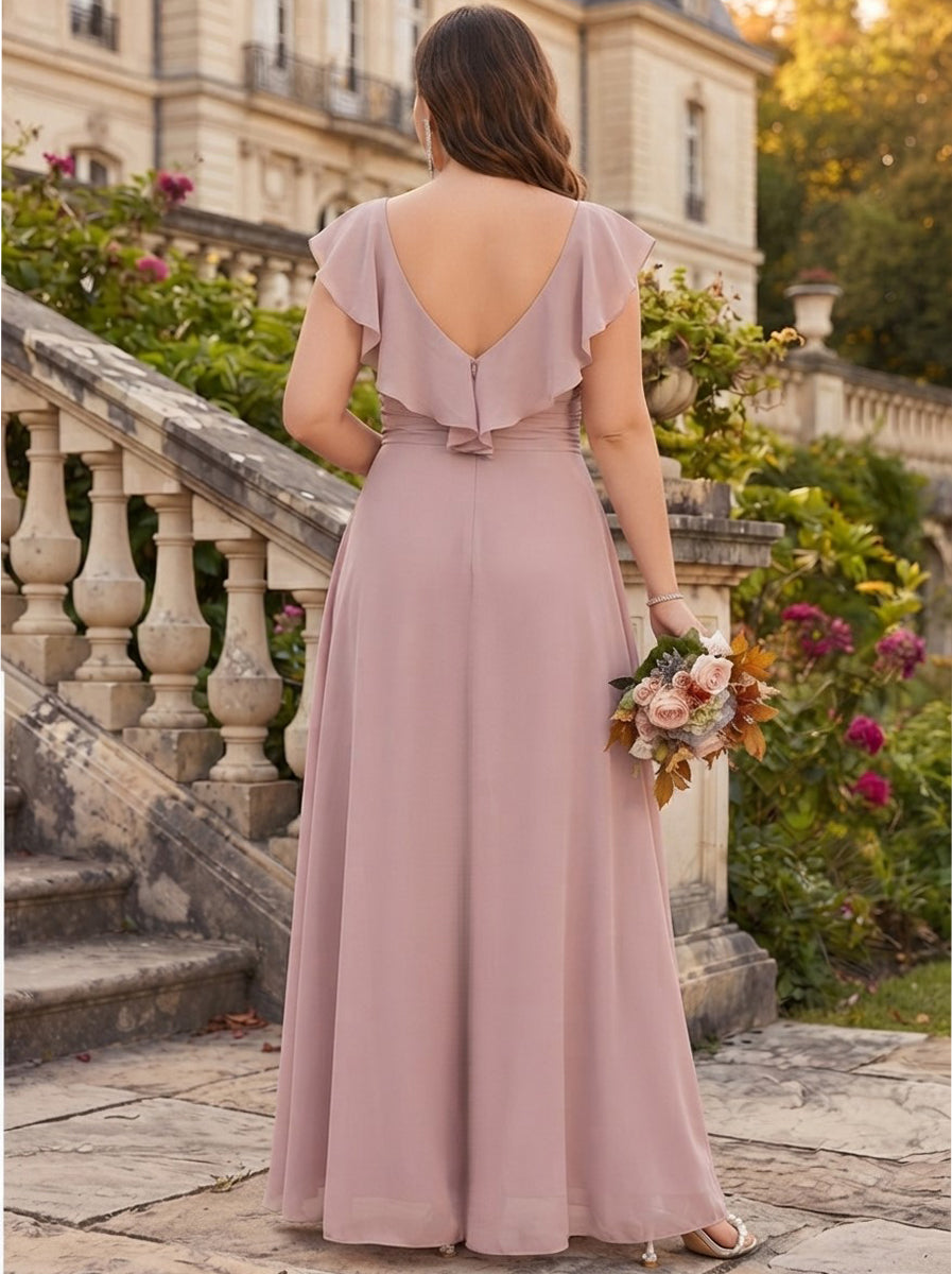 Jumpsuits V-Neck Flying Sleeves Chiffon Floor-Length Plus Size Bridesmaid Dresses with Ruched