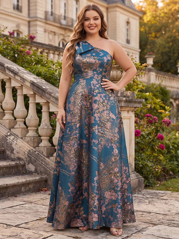 A-Line/Princess One-Shoulder Sleeveless Jacquard Floor-Length Plus Size Bridesmaid Dresses with Bowknot