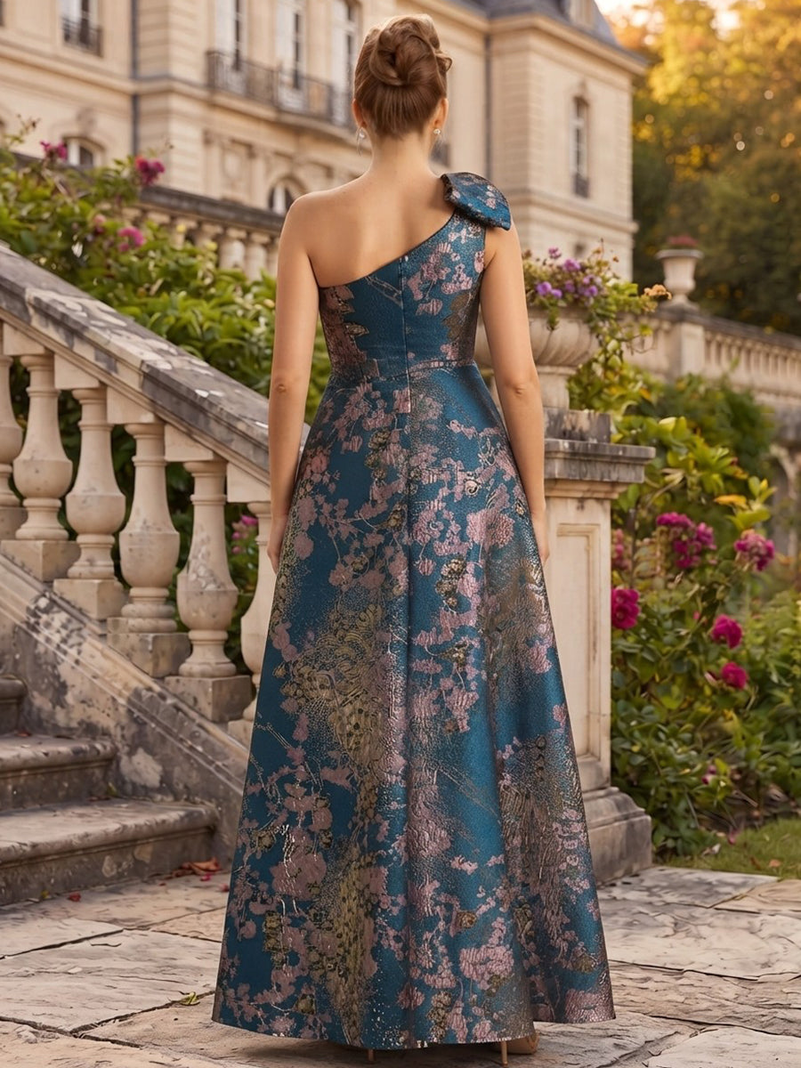 A-Line/Princess One-Shoulder Sleeveless Jacquard Floor-Length Plus Size Bridesmaid Dresses with Bowknot