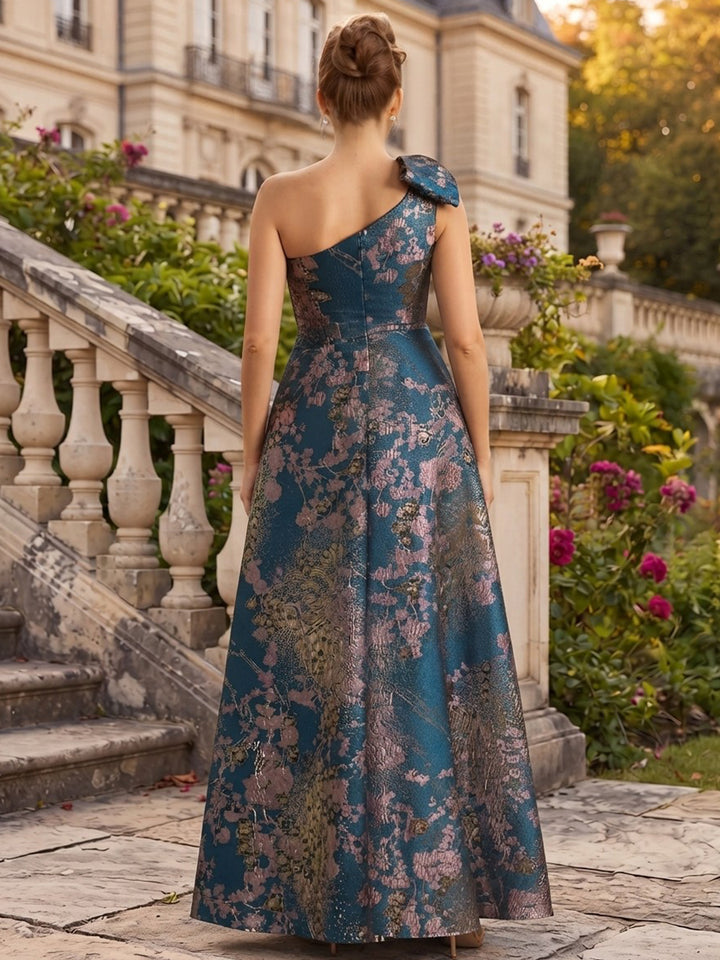 A-Line/Princess One-Shoulder Sleeveless Jacquard Floor-Length Plus Size Bridesmaid Dresses with Bowknot