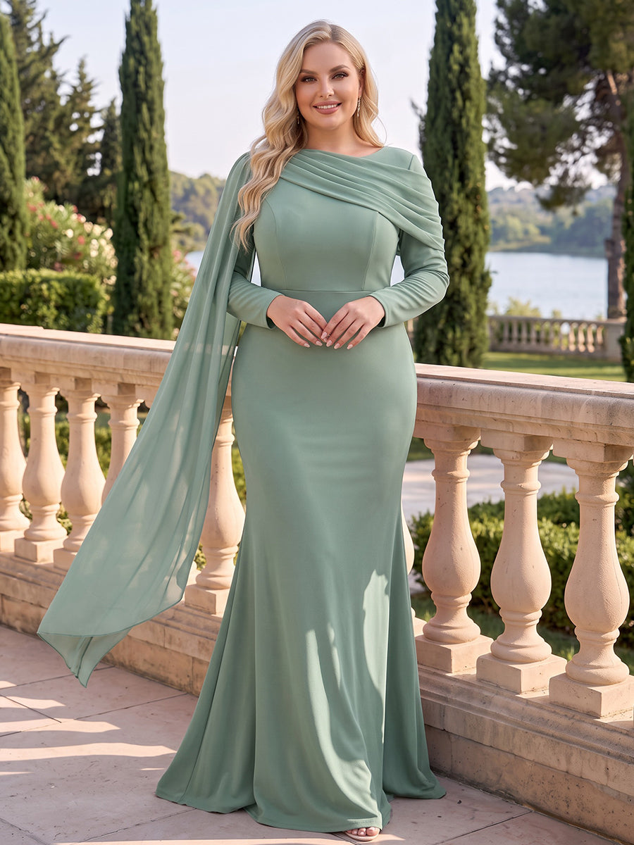 Sheath/Column Scoop Long Sleeves Chiffon Floor-Length Plus Size Bridesmaid Dresses with Cape