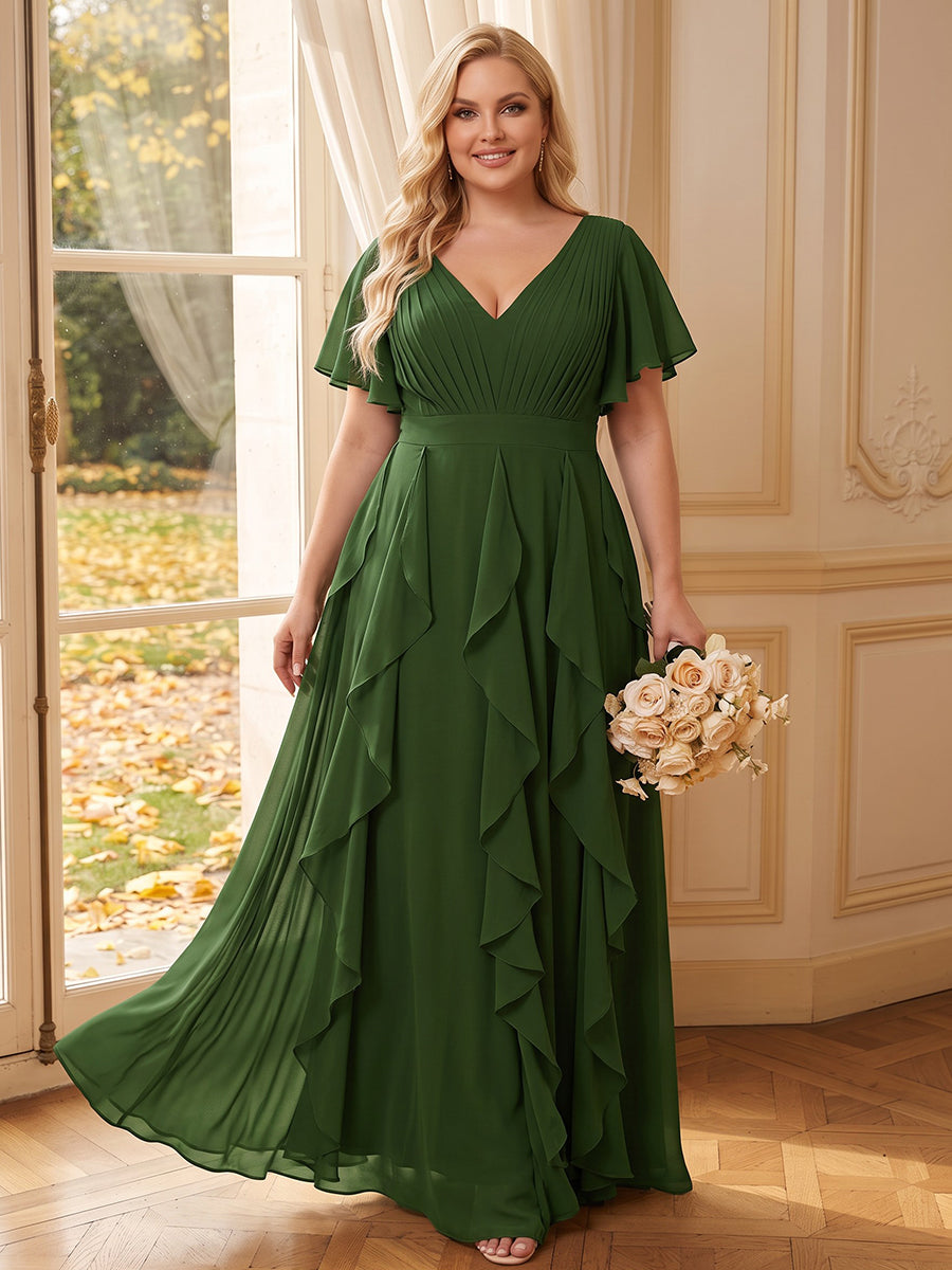 A-Line/Princess V-Neck Short Sleeves Chiffon Floor-Length Plus Size Bridesmaid Dresses with Pleats &amp; Ruffles