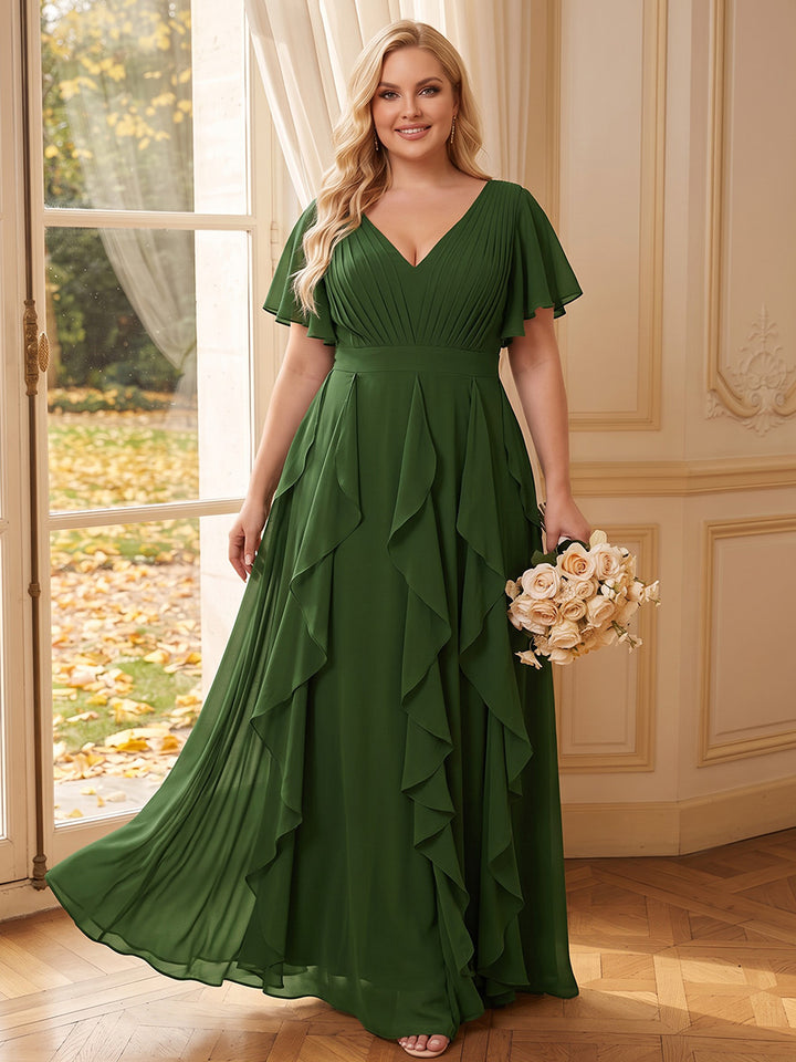 A-Line/Princess V-Neck Short Sleeves Chiffon Floor-Length Plus Size Bridesmaid Dresses with Pleats &amp; Ruffles