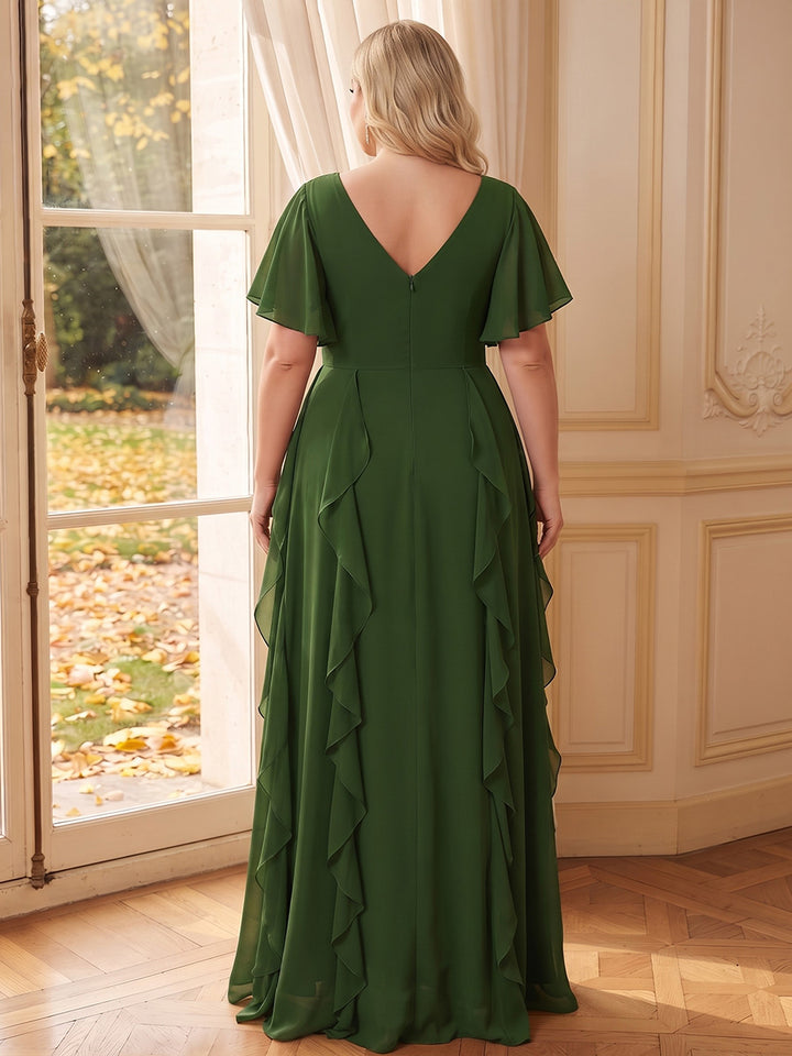 A-Line/Princess V-Neck Short Sleeves Chiffon Floor-Length Plus Size Bridesmaid Dresses with Pleats &amp; Ruffles