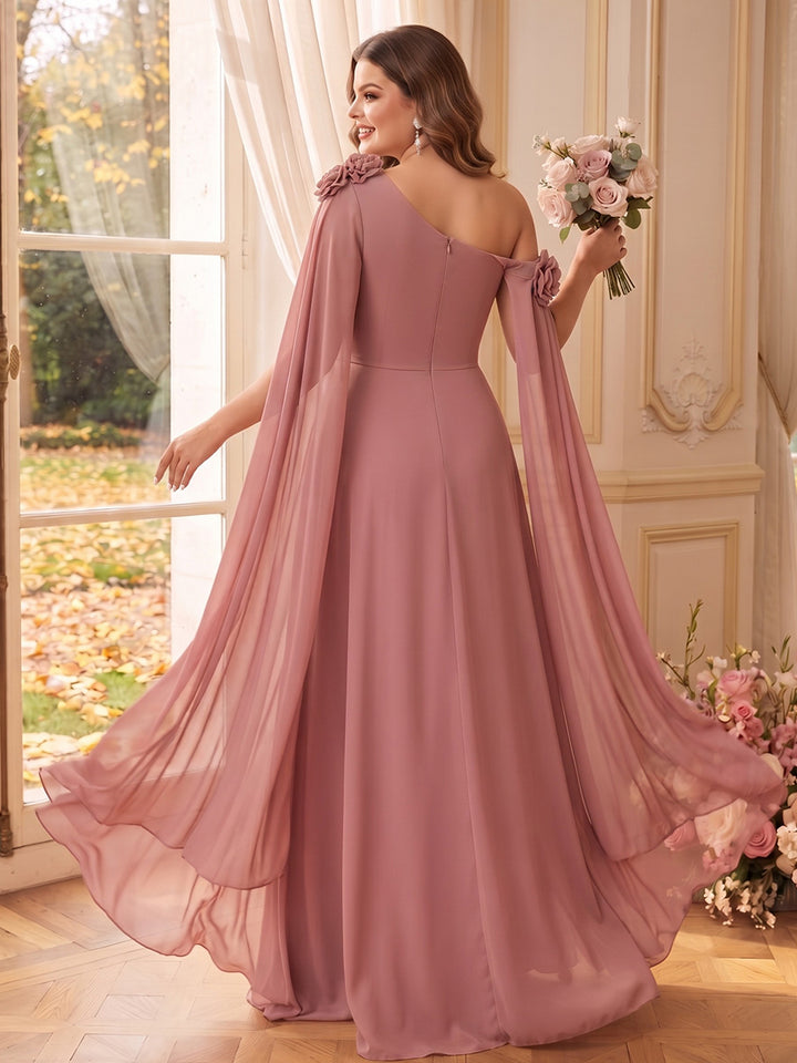 A-Line/Princess One-Shoulder Sleeveless Chiffon Floor-Length Plus Size Bridesmaid Dresses with Cape &amp; 3D Flowers