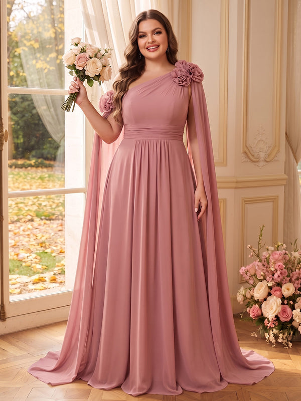 A-Line/Princess One-Shoulder Sleeveless Chiffon Floor-Length Plus Size Bridesmaid Dresses with Cape & 3D Flowers