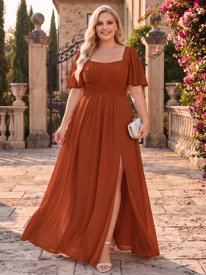 A-Line/Princess Square Neck Short Sleeves Chiffon Floor-Length Plus Size Bridesmaid Dresses with Pleats &amp; Split Side