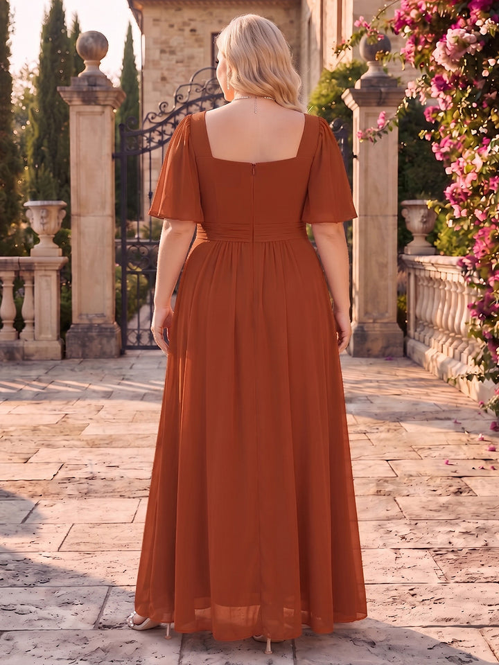 A-Line/Princess Square Neck Short Sleeves Chiffon Floor-Length Plus Size Bridesmaid Dresses with Pleats &amp; Split Side