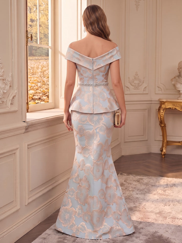 Trumpet/Mermaid Off-the-Shoulder Sleeveless Jacquard Floor-Length Mother of the Bride Dresses with Pleats &amp; Belt