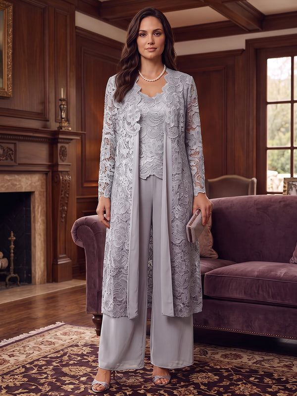 Jumpsuits V-Neck Long Sleeves Lace Floor-Length Mother of the Bride Dresses with Jacket