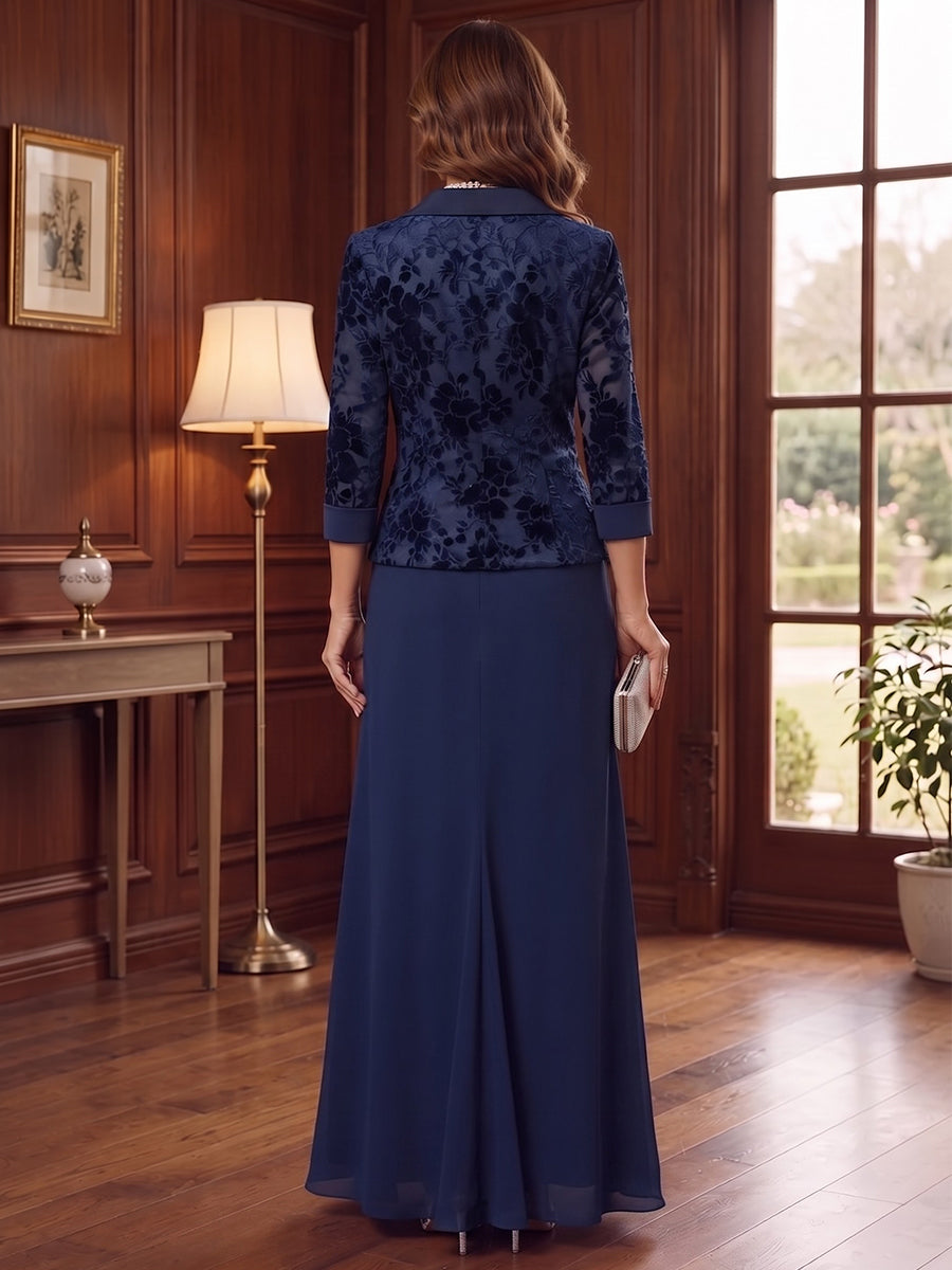 Sheath/Column V-Neck 3/4 Sleeves Velvet Floor-Length Mother of the Bride Dresses with Jacket &amp; Florals
