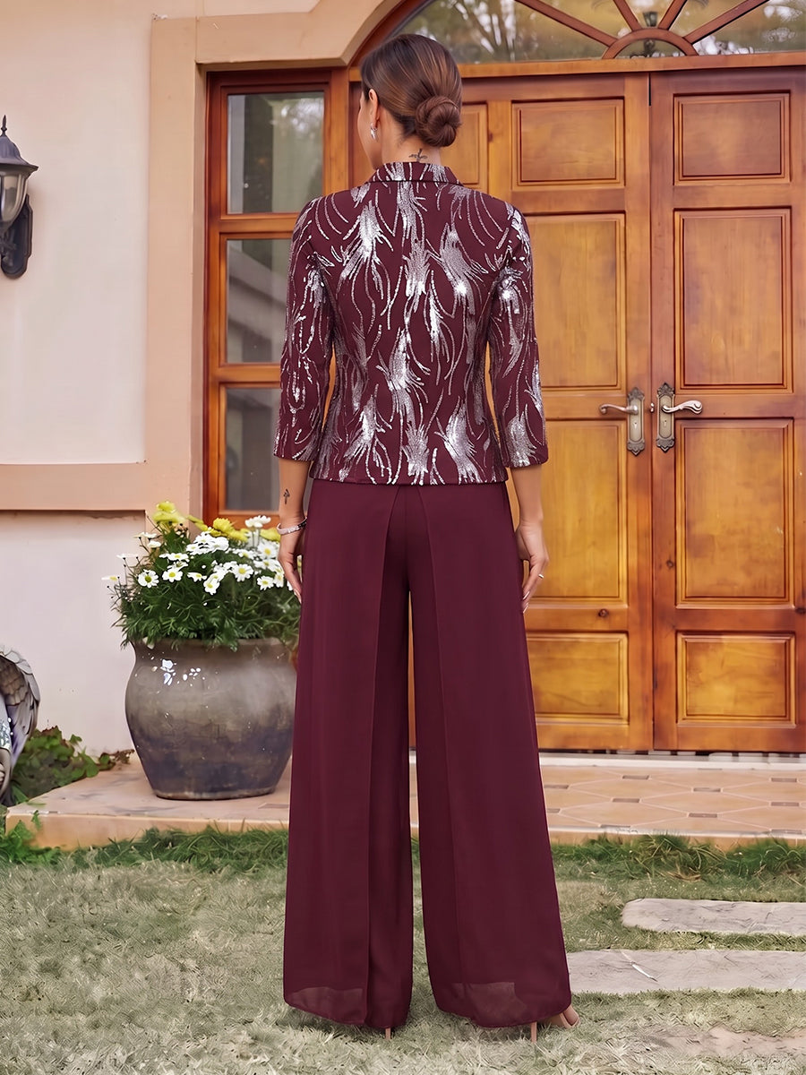 Jumpsuits Scoop 3/4 Sleeves Chiffon Floor-Length Mother of the Bride Dresses with Jacket &amp; Sequins