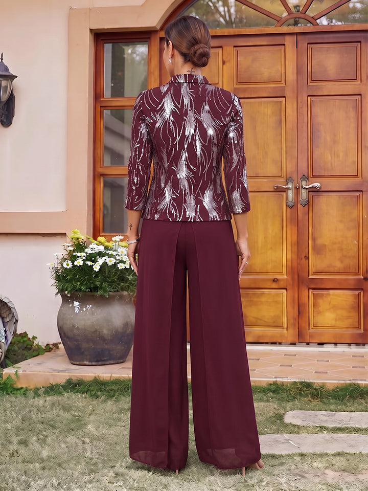 Jumpsuits Scoop 3/4 Sleeves Chiffon Floor-Length Mother of the Bride Dresses with Jacket &amp; Sequins