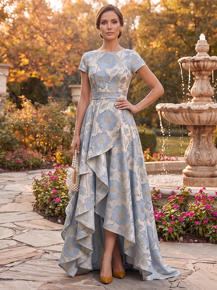 A-Line/Princess Scoop Short Sleeves Jacquard Asymmetrical Mother of the Bride Dresses with Ruffles &amp; Split Side