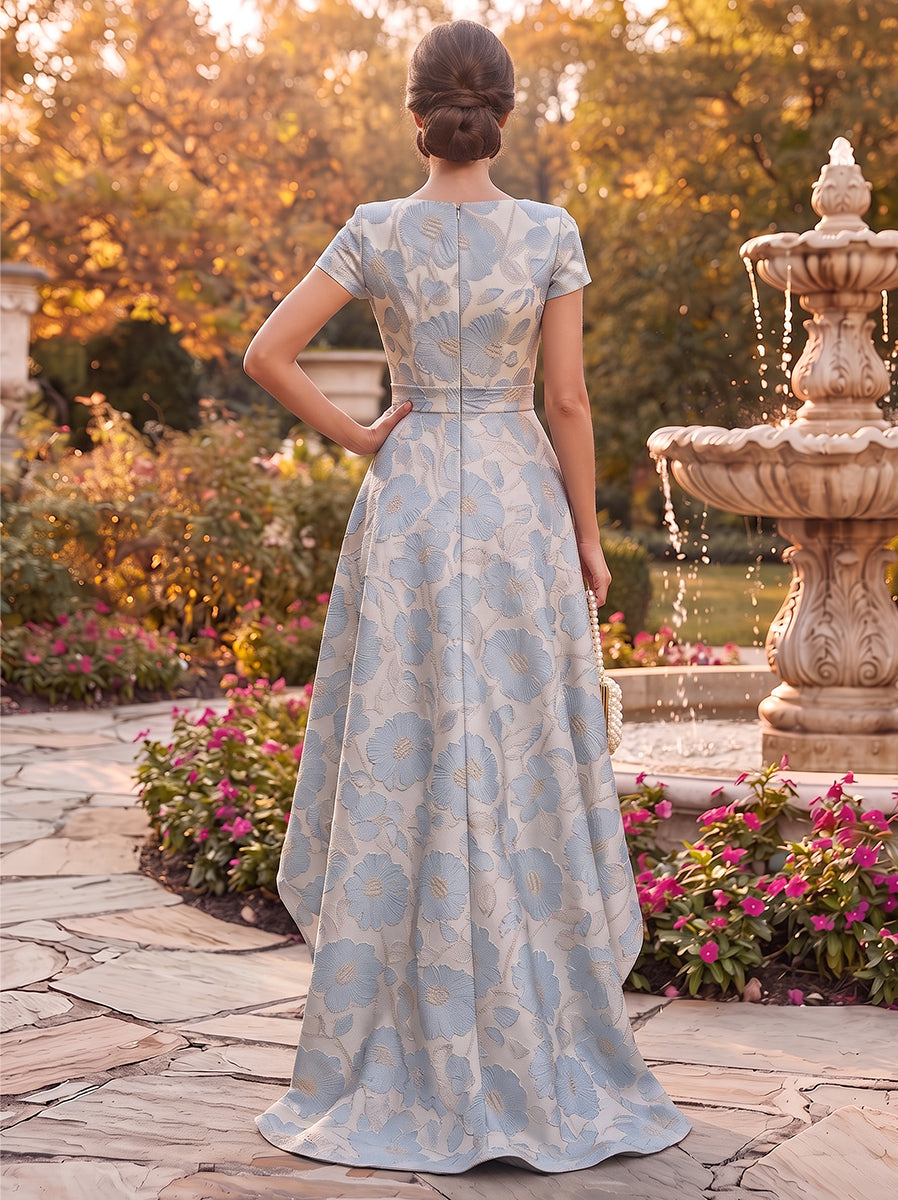 A-Line/Princess Scoop Short Sleeves Jacquard Asymmetrical Mother of the Bride Dresses with Ruffles &amp; Split Side