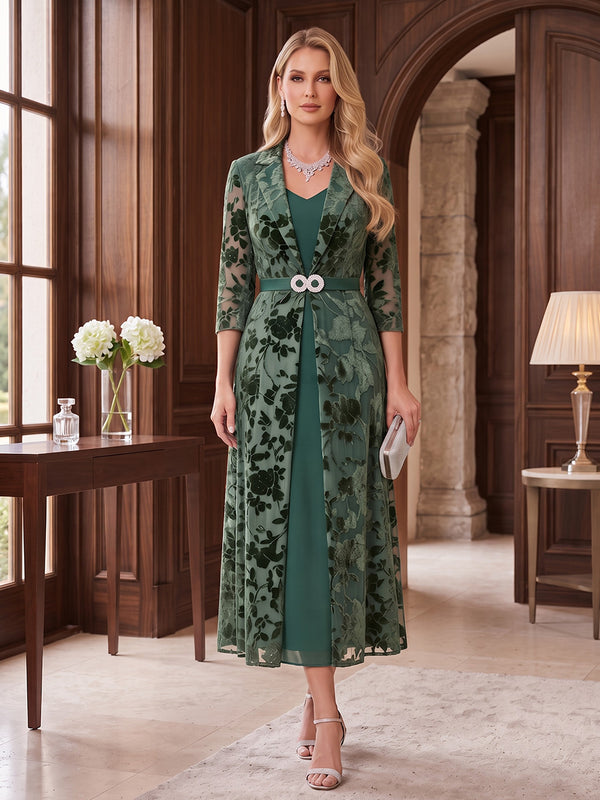 Sheath/Column V-Neck 3/4 Sleeves Velvet Ankle-Length Mother of the Bride Dresses with Jacket & Florals
