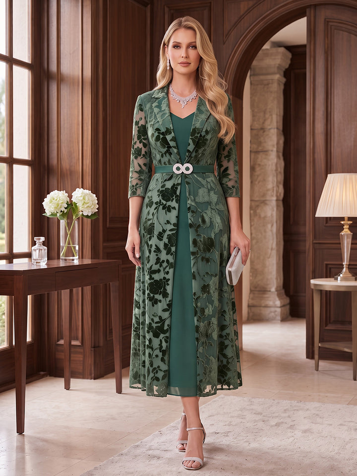 Sheath/Column V-Neck 3/4 Sleeves Velvet Ankle-Length Mother of the Bride Dresses with Jacket &amp; Florals