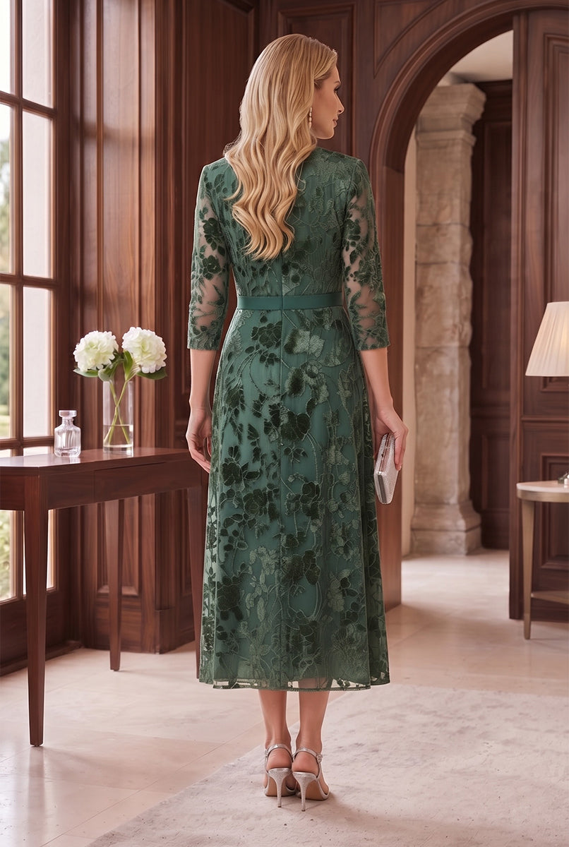 Sheath/Column V-Neck 3/4 Sleeves Velvet Ankle-Length Mother of the Bride Dresses with Jacket &amp; Florals