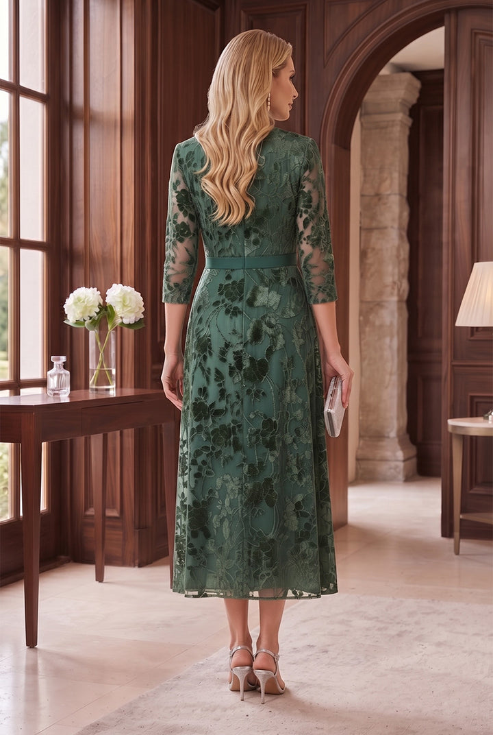 Sheath/Column V-Neck 3/4 Sleeves Velvet Ankle-Length Mother of the Bride Dresses with Jacket &amp; Florals