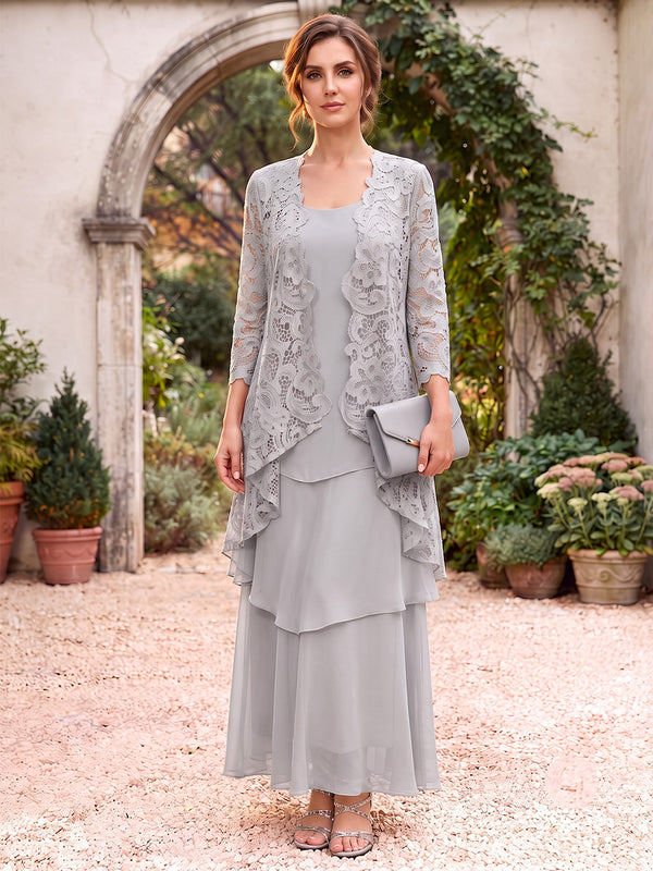 Sheath/Column Scoop 3/4 Sleeves Chiffon Floor-Length Mother of the Bride Dresses with Jacket&Lace