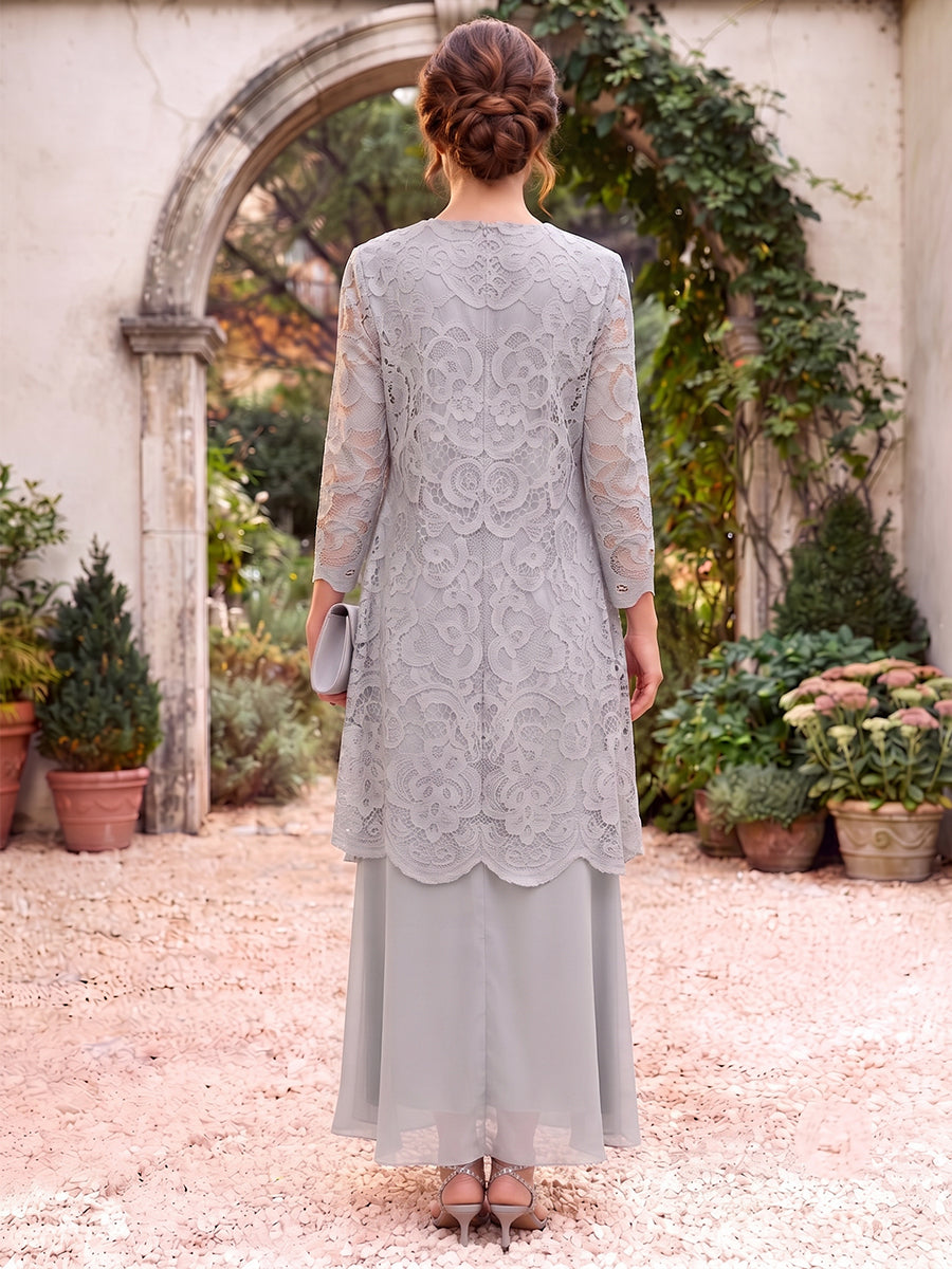 Sheath/Column Scoop 3/4 Sleeves Chiffon Floor-Length Mother of the Bride Dresses with Jacket&amp;Lace