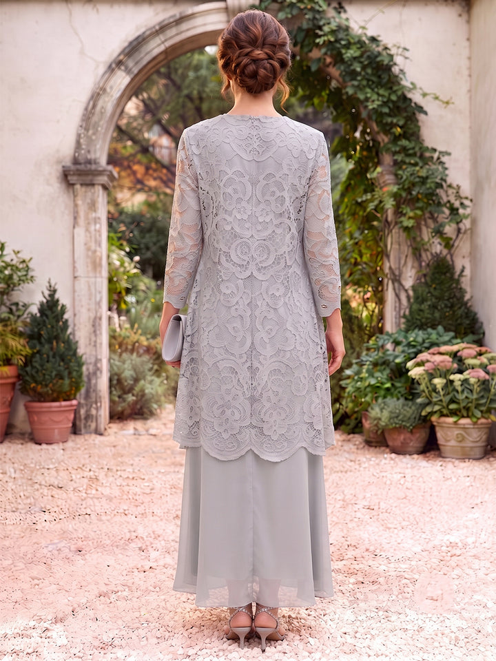 Sheath/Column Scoop 3/4 Sleeves Chiffon Floor-Length Mother of the Bride Dresses with Jacket&amp;Lace